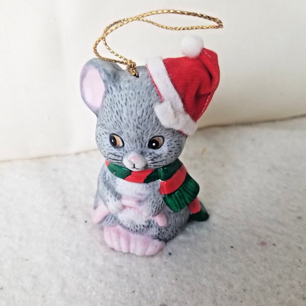 VTG Mouse Bells Bisque Porcelain Christmas grey green red‎ scarf